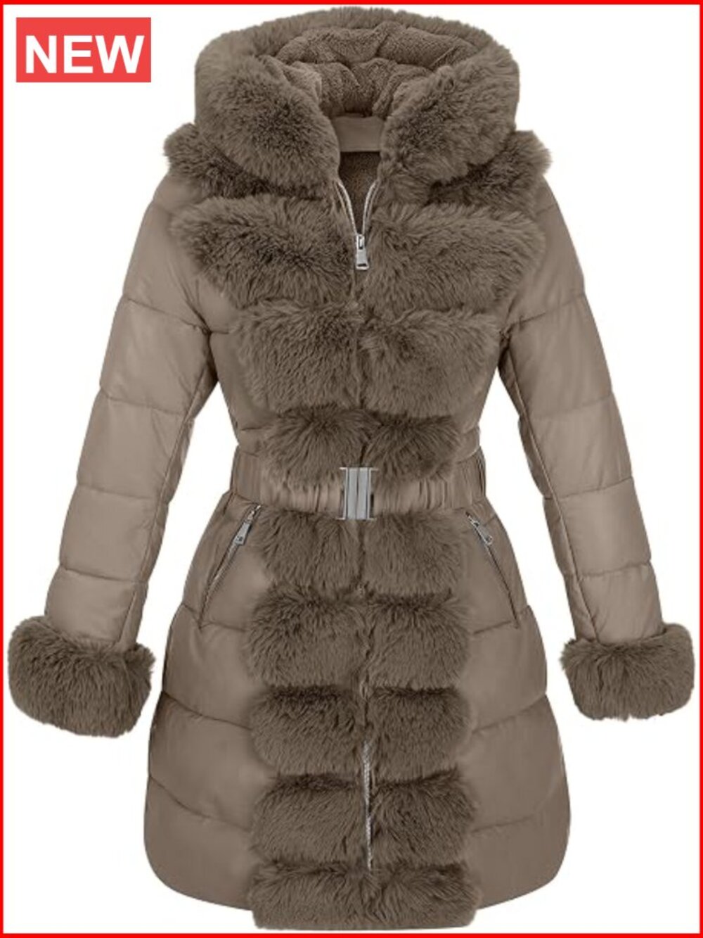 Winter Puffer Jacket with Long Fur Trim Hooded, Warm Faux Leather Bubble Coat